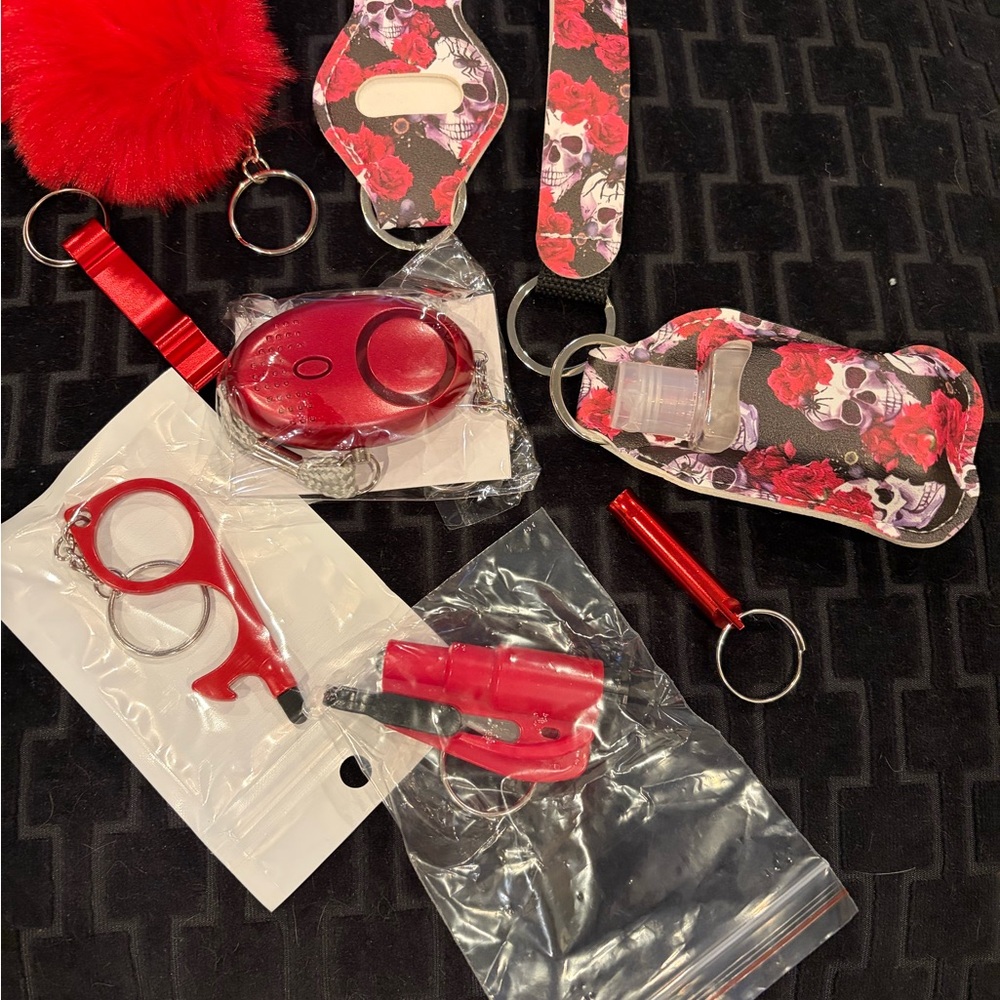 Red floral skull Keychain Set